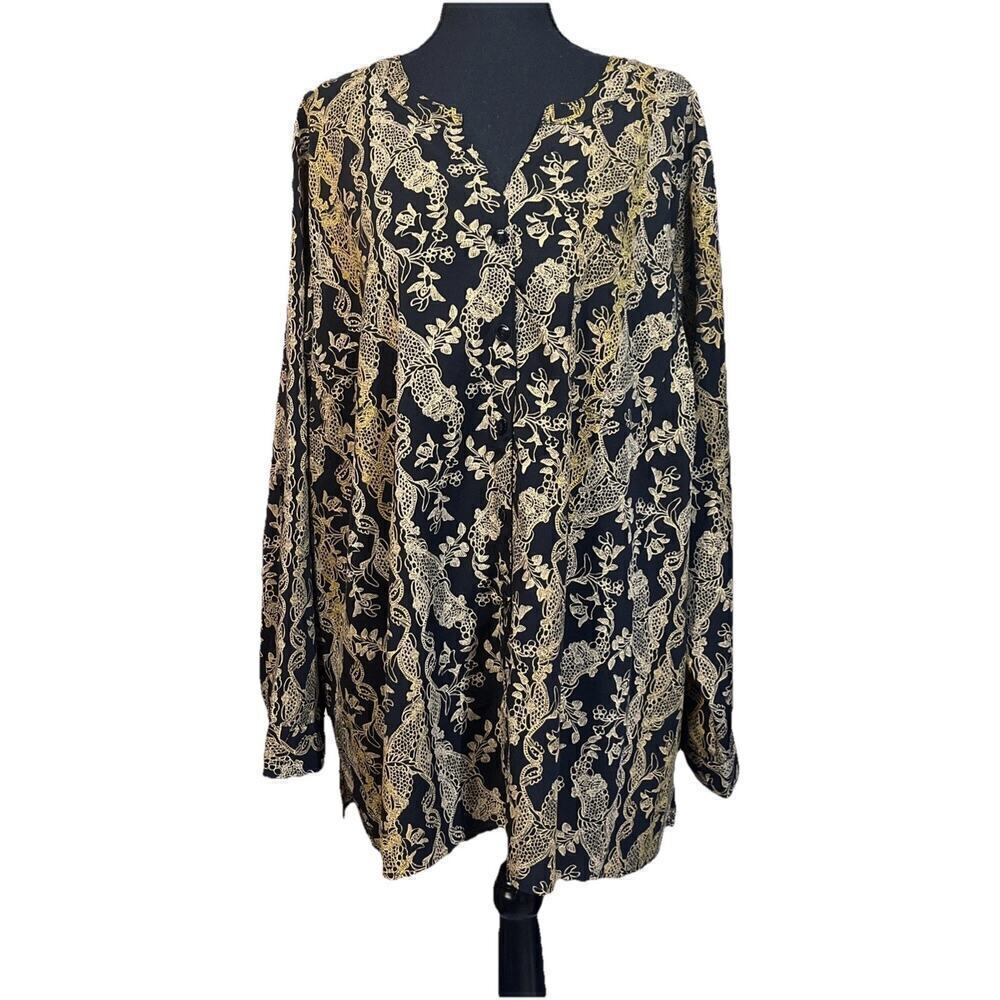 Catherine’s Print Blouse Top Black Print Size 2X Career Office Church Mature